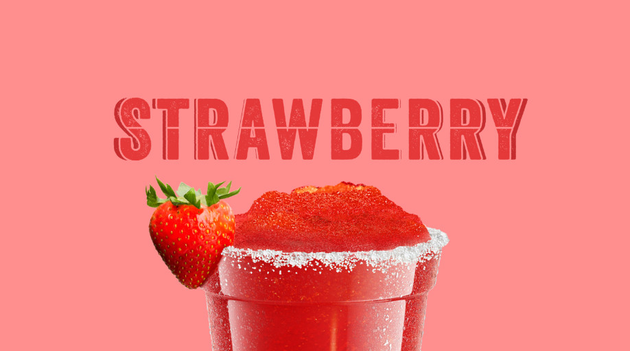 Signage featuring a strawberry margarita on a pink background with the word strawberry written on it.